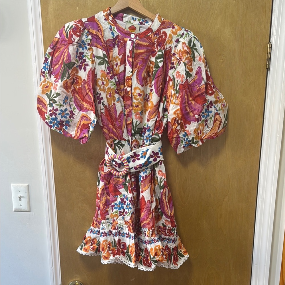 FARM Rio White Spring Bananas Belted Mini Dress